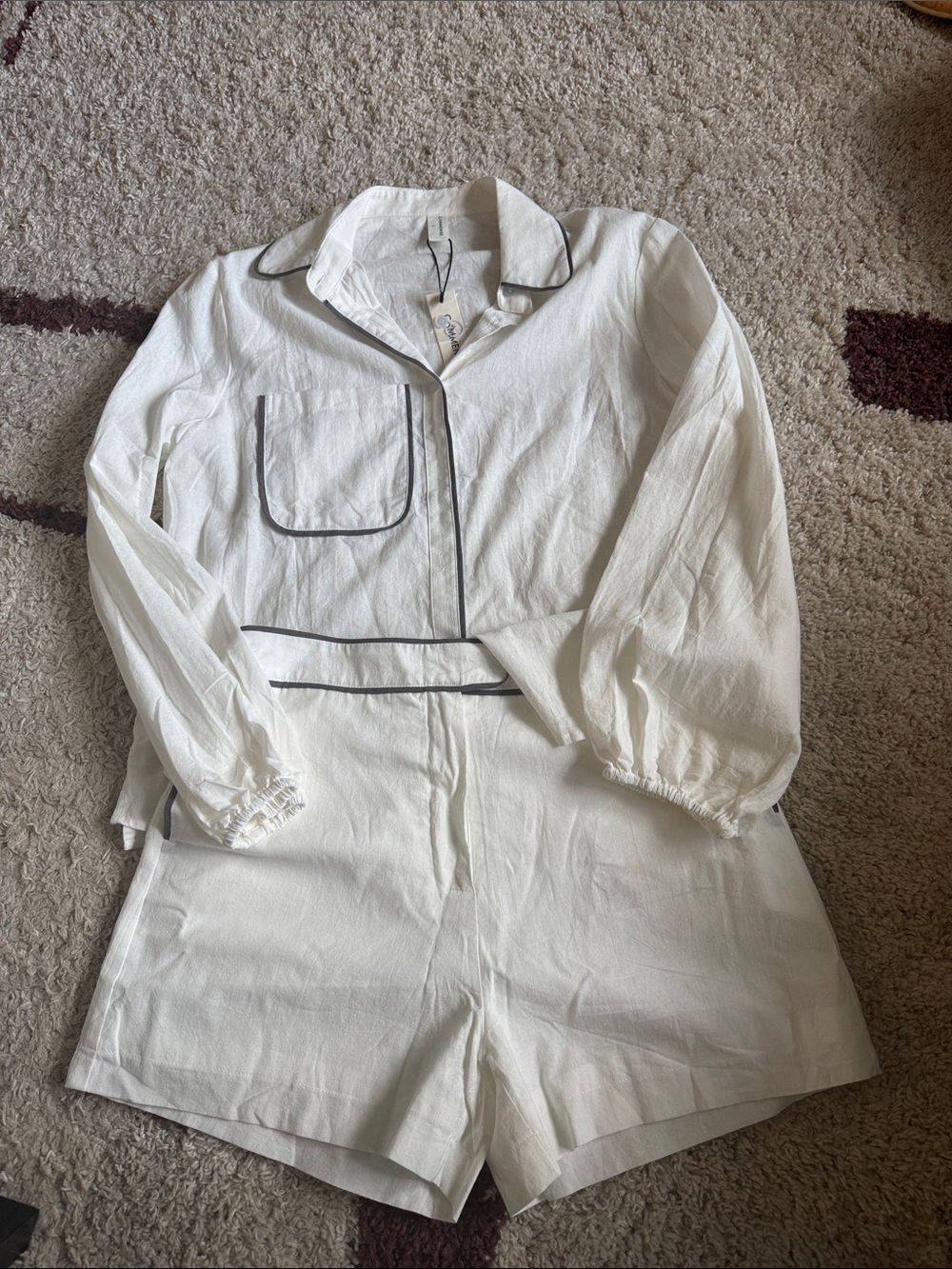 Commense White Romper with Black Piping